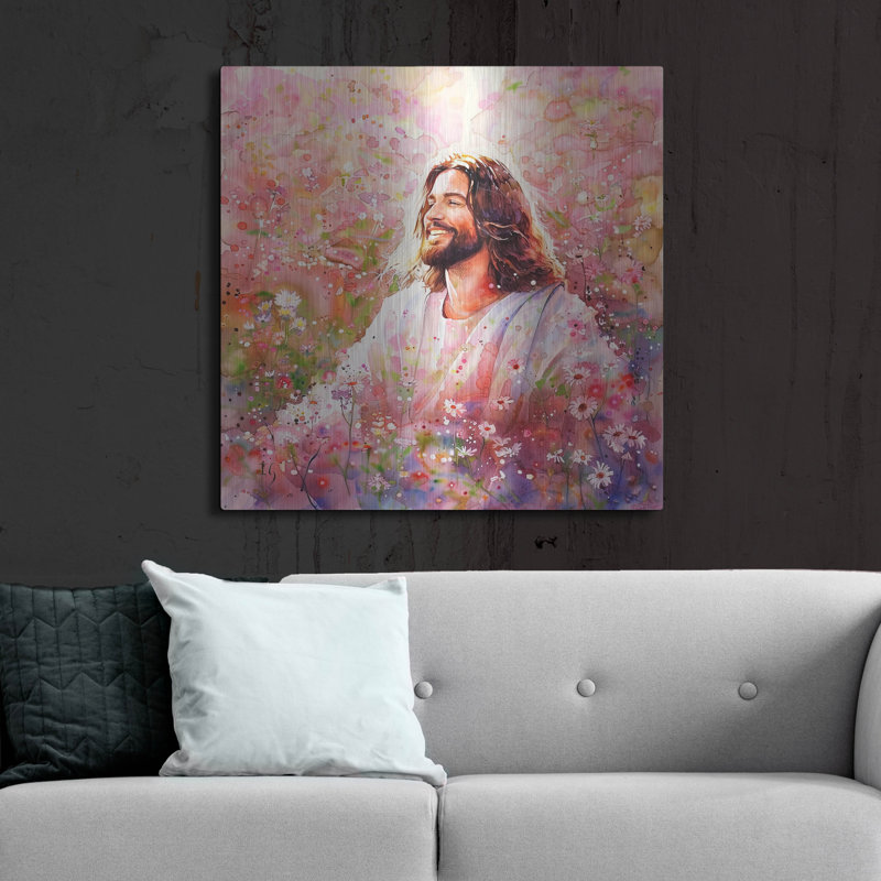 Art mural en métal «Le Christ parmi les fleurs» par Ivan Guaderrama, H 36 po x l 36 po