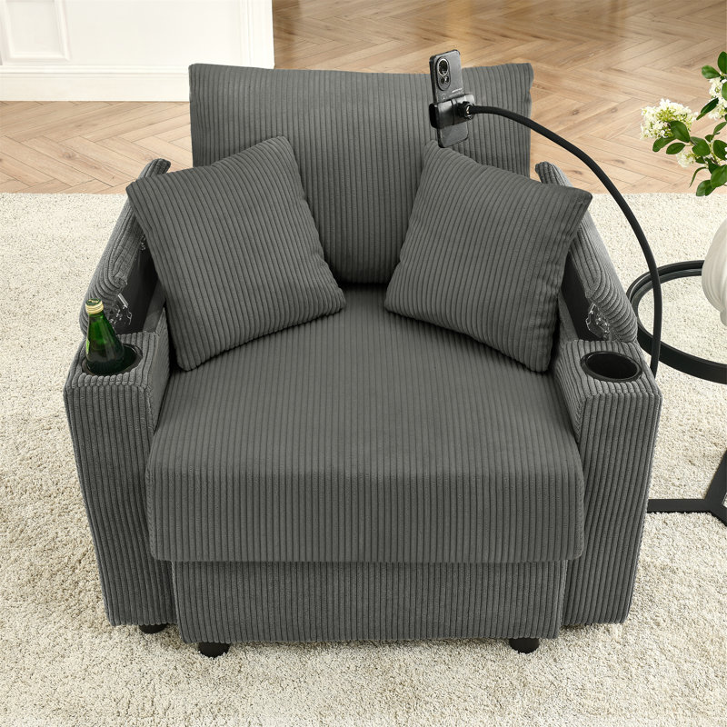 Fauteuil d'appoint avec accoudoirs de rangement Degnan, Velours côtelé gris