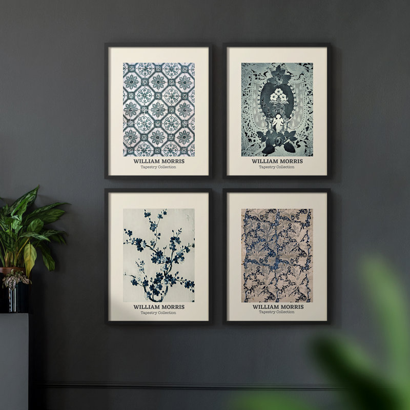 William Morris XXVI Framed Print - Set of 4, 14" H x 44" W, Black