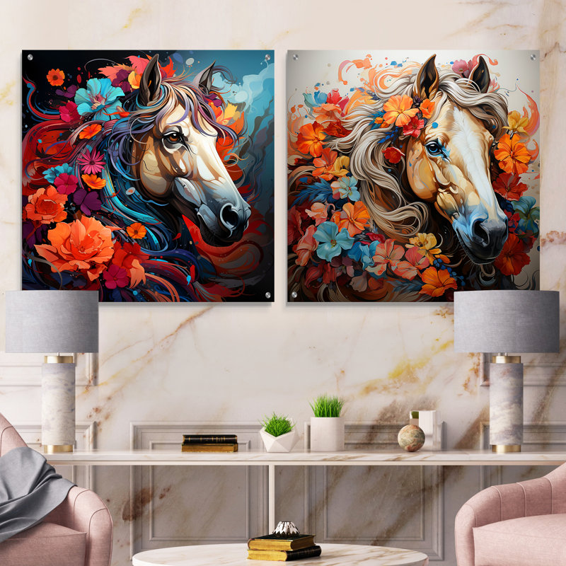 Popart cheval Portait - cheval acrylique ensemble de 2 verres muraux, H 16 po x l 33 po