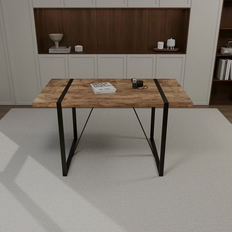 Table de salle à manger de 55 po en bois aggloméré rectangulaire industriel moderne en bois foncé, 4 à 6 personnes, plateau de table en bois d'ingénierie de 1,5 po d'épaisseur et pieds en métal rectangulaires, utilisé pour la maison et la cuisine