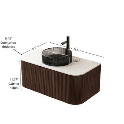 Meuble-lavabo de salle de bain de 91 cm (36 po), armoire de rangement flottante en contreplaqué rayé avec tiroir et bords incurvés, lavabo rond en verre et dessus fritté, préassemblé