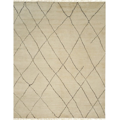 Ivory Hand-Knotted Wool Diamond Lattice Geometric Modern Contemporary Carpet Rug
