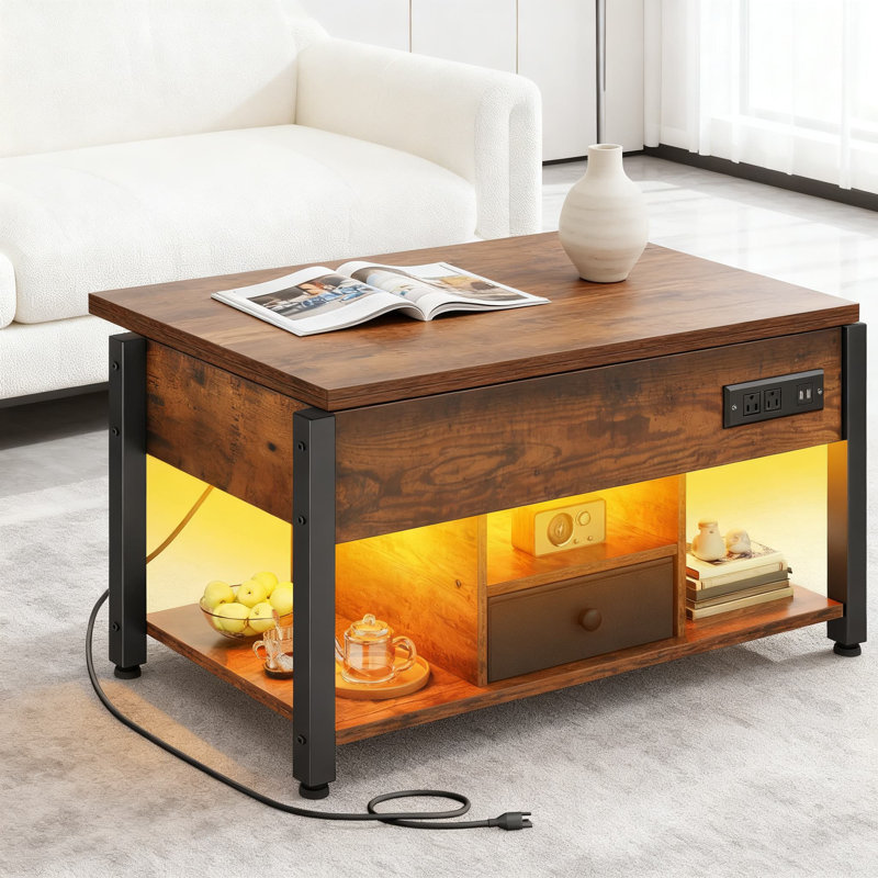 Table basse 4-en-1 avec éclairage RVB, prises de courant et rangement | Le centre multifonctionnel se transforme en table de salle à manger ou en station de jeu