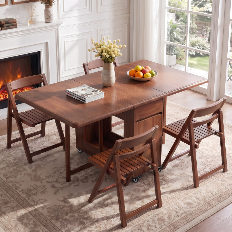 Folding Drop Leaf Dining Table with 4 chairs, Space saving foldable kitchen table, fully assembled, movable wooden butterfly table