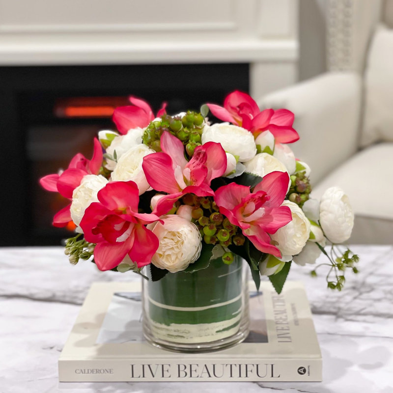Pink Silk Peony Orchid Arrangement, Pink/White
