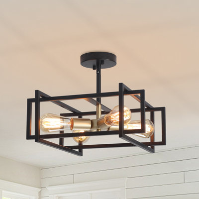 Nill 4 - Light 15" Modern Black/Gold Square Dimmable Semi Flush Mount Ceiling Light Fixture
