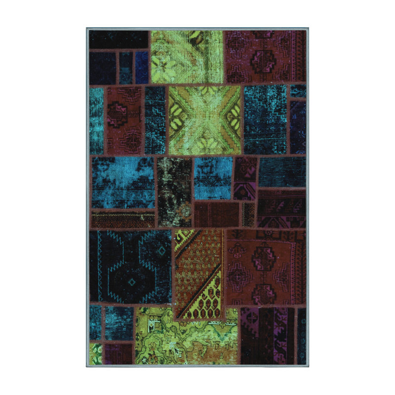 Tapis bleu abstrait en laine et polyester tissé à la machine, Rectangle 2 pi x 3 pi