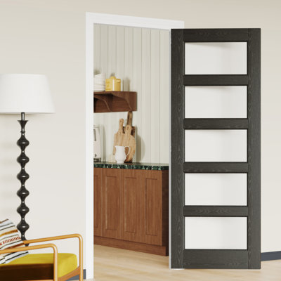 Interior Door Slab with Matching Frame – 5 Lite Clear Glass Black MDF Interior Door with White Adjustable Jamb