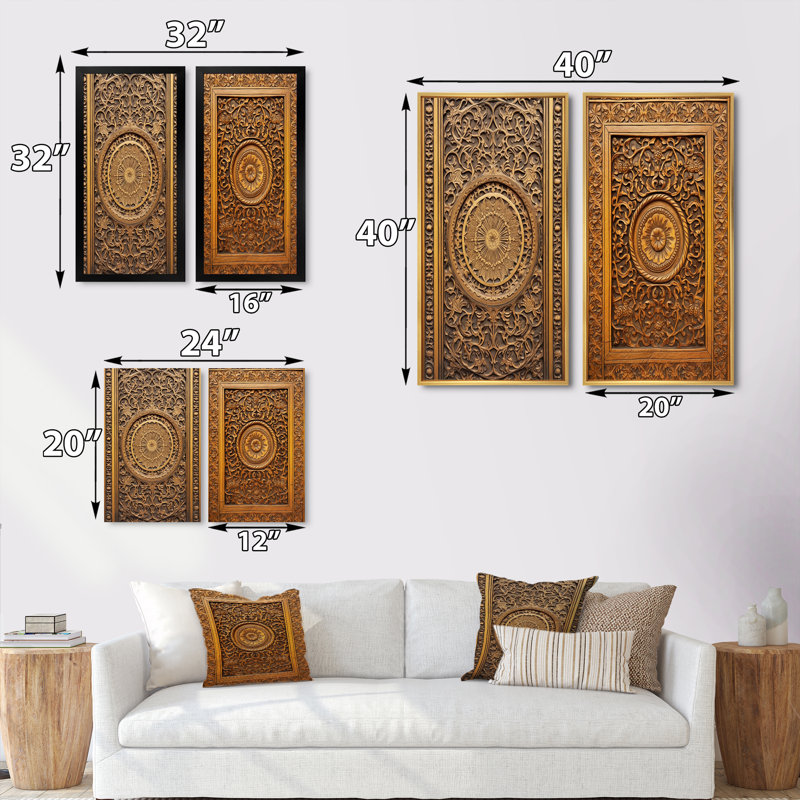 2 pièces sur toile - Ancienne porte en bois sculpté, Cadre noir, H 20 po x l 24 po