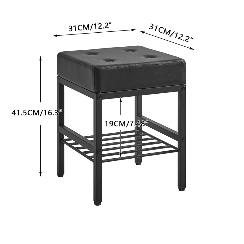 Black PU Cushion Square Vanity Stool with Adjustable Feet and Storage Space