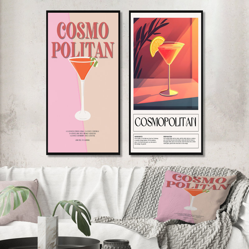 Ensemble de 2 pièces de cocktail Mid-Century Cosmopolitan, H 32 po x l 32 po, Impression encadrée, Noir, noir, noir, noir