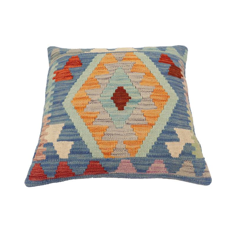 Coussin rustique Kilim, Gris / orange / bleu, H 19 po x l 19 po
