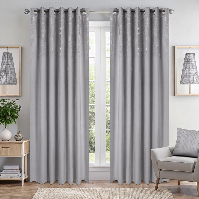 Triple Woven Blackout Velvet Ring Top Curtains with Cascading Diamante Studs, 117cm Width x 229cm Drop, Silver