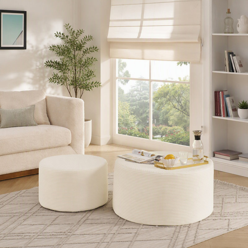 Ensemble de 2 poufs cylindriques rembourrés, repose-pieds décoratifs multifonctionnels, Beige