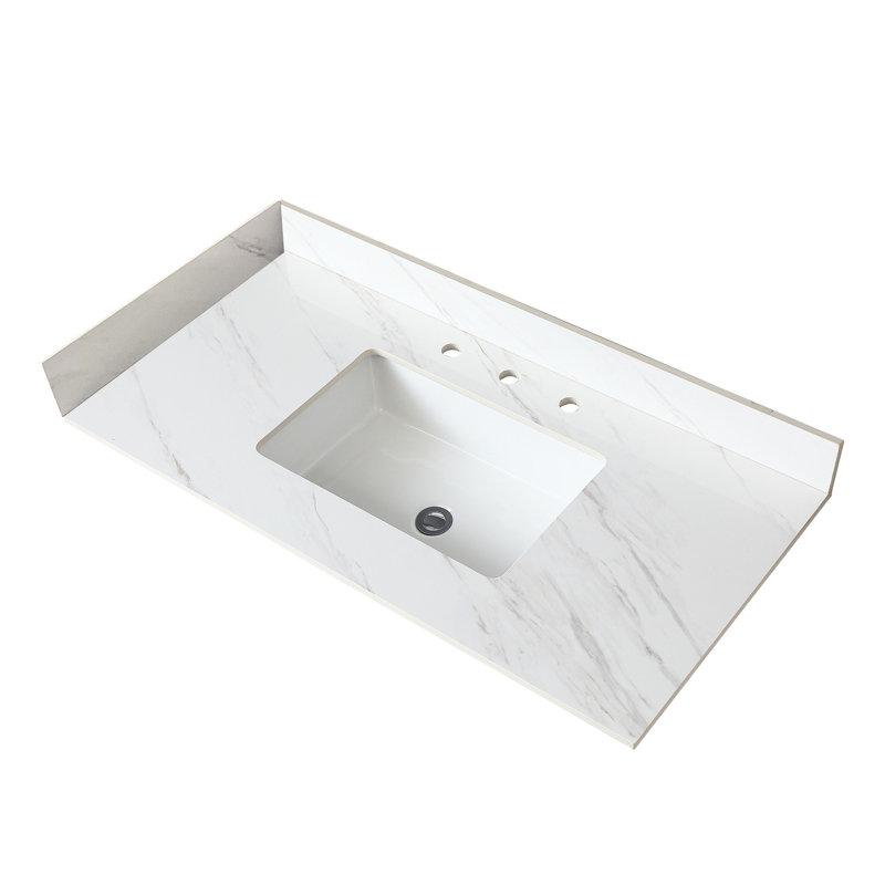 Dessus de meuble-lavabo de salle de bain 43 po - Pierre frittée blanche - Dosseret de 4 po, Trou de robinet pré-percé, Lavabo rectangulaire, Rehausse avec évier et grain fin
