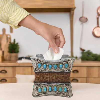 Couvre-boîte à mouchoirs en résine avec similicuir turquoise