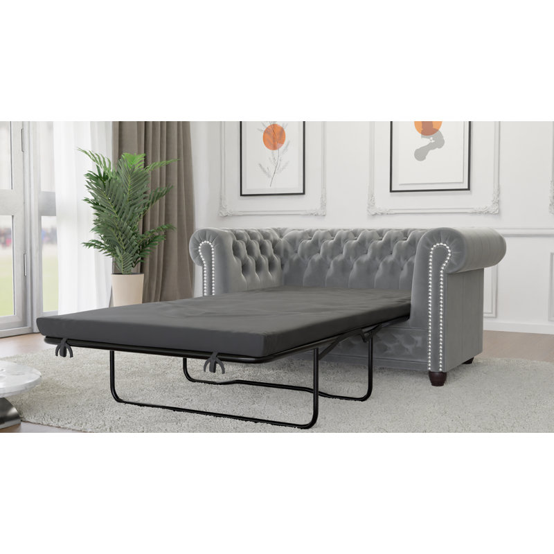 Chesterfield Hanna 2 Seater Sofa with Sleeping Function Made of Velvet Fabric with Solid Wood Legs, Grey