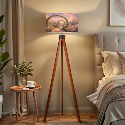  Lampe sur pied à trépied fantaisiste avec arches florales, lumière du soleil douce, lumière du soleil à DEL à télécommande avec pieds en bois de hêtre et abat-jour en lin amovible pour le salon et la chambre à coucher