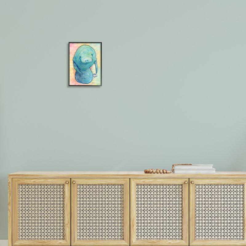 Lamantin aquatique parmi les poissons, Giclée encadrée noir minuit, H 14 po x l 11 po x P 1,5 po