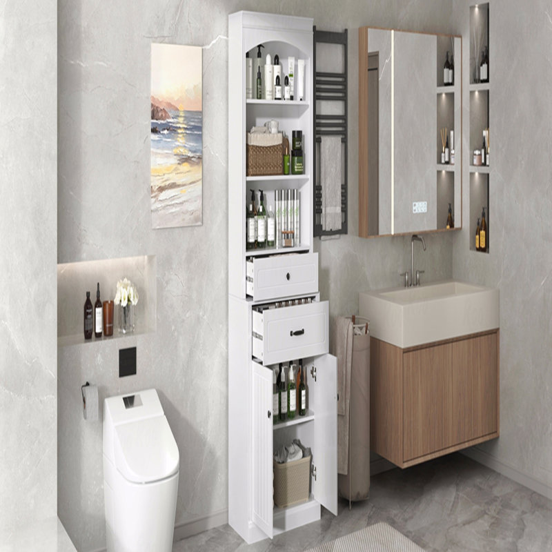 Armoire de rangement pour salle de bain avec 2 portes, tiroirs, tablettes réglables et trois tablettes ouvertes - Fabrication en MDF durable