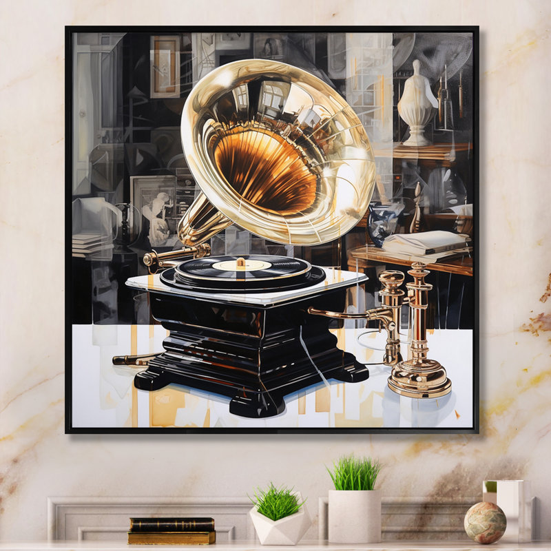 Gold Phonograph Reflections I - Music Canvas Prints, H 30 po x l 30 po x P 1 po, Cadre flottant noir