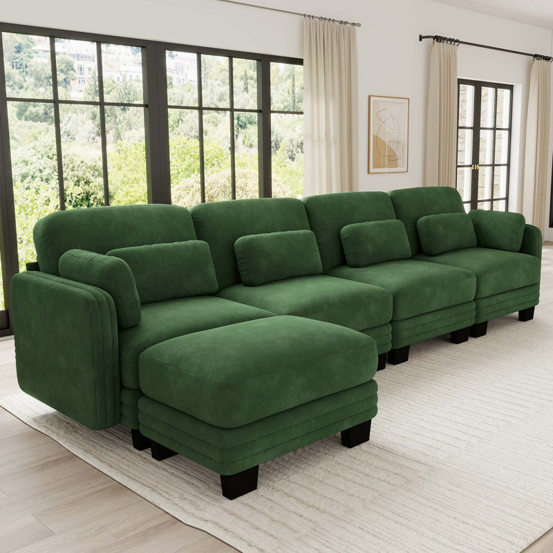 Canapé d'angle modulaire capitonné avec pouf amovible, Brown Chenille, 35" H x 130" W x 56.3" D