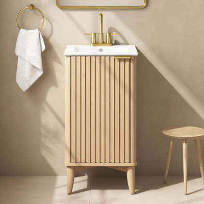 Meuble-lavabo autoportant Gabi 18 po à lavabo simple, fini frêne rustique, comptoir en céramique blanche et quincaillerie en or brossé
