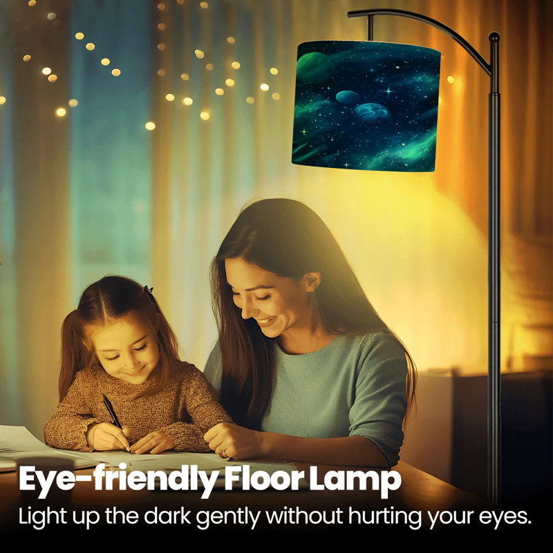 Lampe sur pied à arc avec abat-jour réglable Cosmic Blue Galaxy Planets Étoiles Nébuleuse Lampe sur pied 3 températures de couleur à intensité variable Grand mât avec interrupteur au pied pour la chambre à coucher