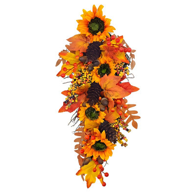 Couronne de tournesol d'automne 15,7 po avec feuilles d'érable, pommes de pin et baies pour un décor de l'Action de grâce