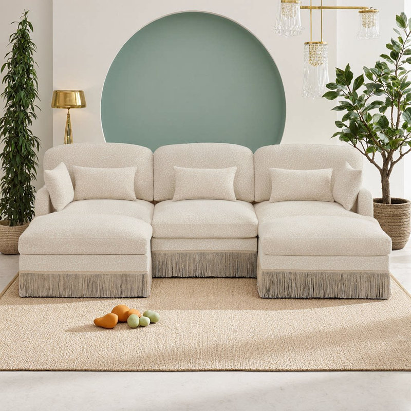 Canapé en U en chenille avec garniture à pampilles, assise profonde et conception modulaire pour le salon, Beige