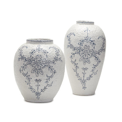 Ensemble de 2 vases Ecomix bleus et blancs décorés à la main