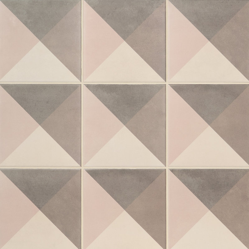 Elizabeth Sutton Art Geo 8x8 Matte Encaustic Look Porcelain Tile, Cement Deco Mist Gray and Pink