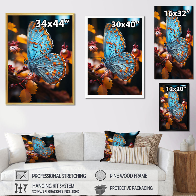 Imprimé papillon turquoise - jaune, Cadre flottant noir, H 32 po x l 24 po x P 1 po