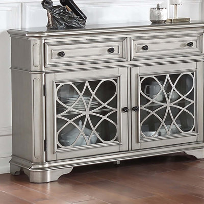 Buffet de style contemporain avec 2 tiroirs, 2 armoires de rangement, portes en verre au design unique et poignée ronde