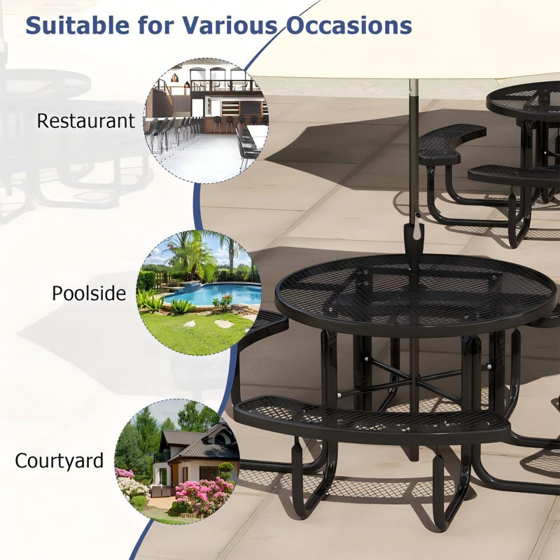 Metal Round Picnic Table Bench Set For 6