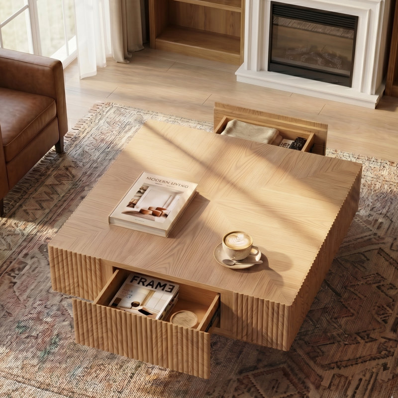 Table basse carrée 35 po, H 13,67 po x L 35 po x l 35 po, Bois naturel