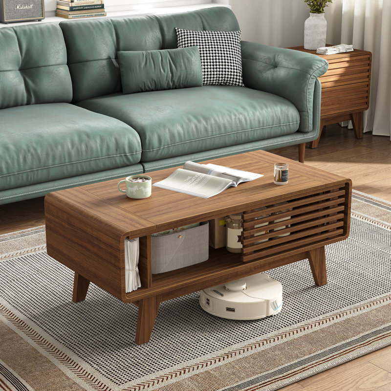Denicka Mid-Century Modern Coffee Table with Storage,Lift Top Coffee Table with Slatted Sliding Door for Living Room,Walnut