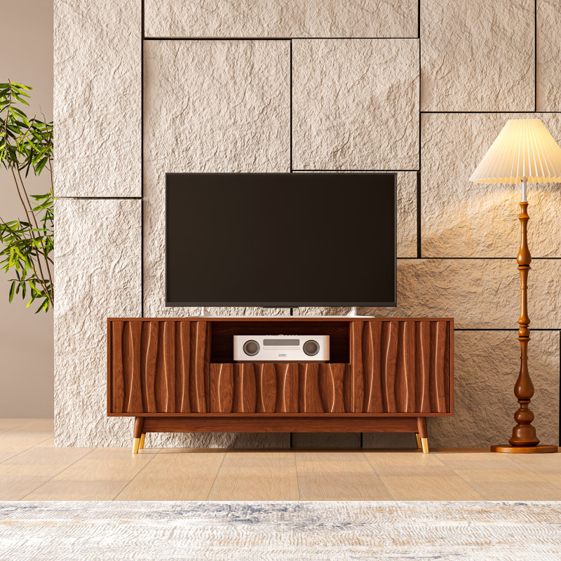 55'' Brown Walnut Finish TV Stand For 32/43/55 Inch TVs, Mid Century Modern Wood Media Console Entertainment Center With Drawer And 2 Cabinets For Living Room Bedroom