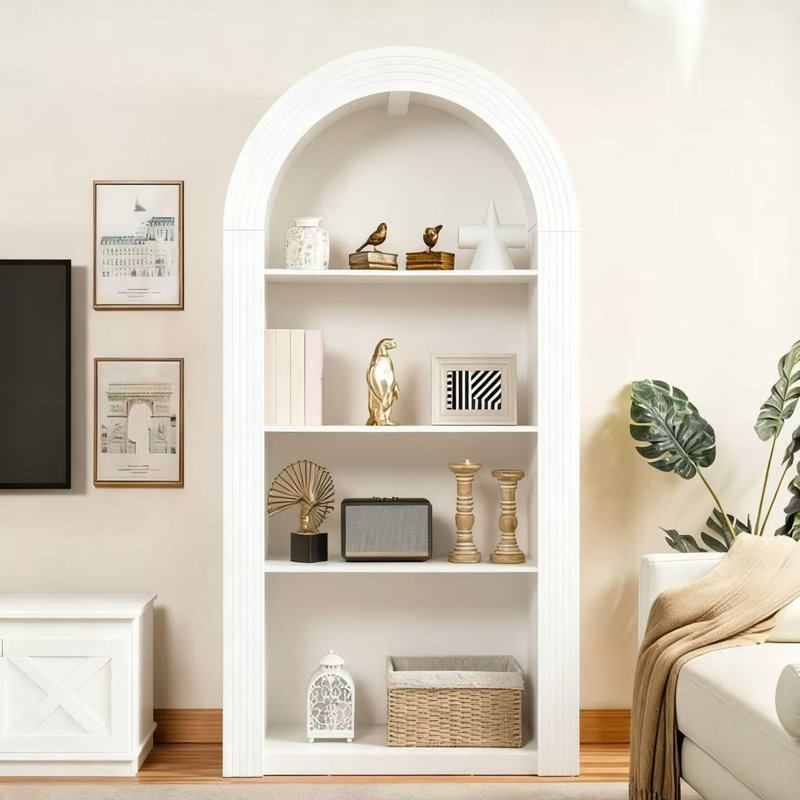 78.74" Tall 4-Tier Arched Bookcase with Open Display Storage Shelf, Antique White