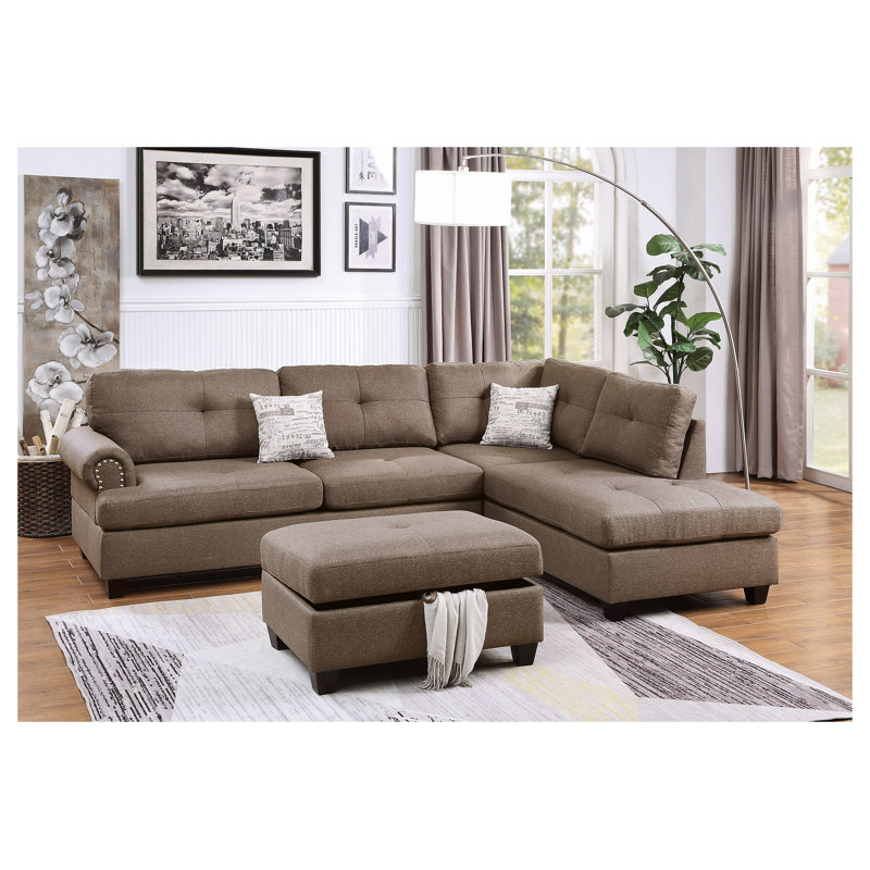 Ensemble de canapé modulaire 3 pièces contemporain avec méridienne réversible et repose-pieds, tissu Mocha Dorris