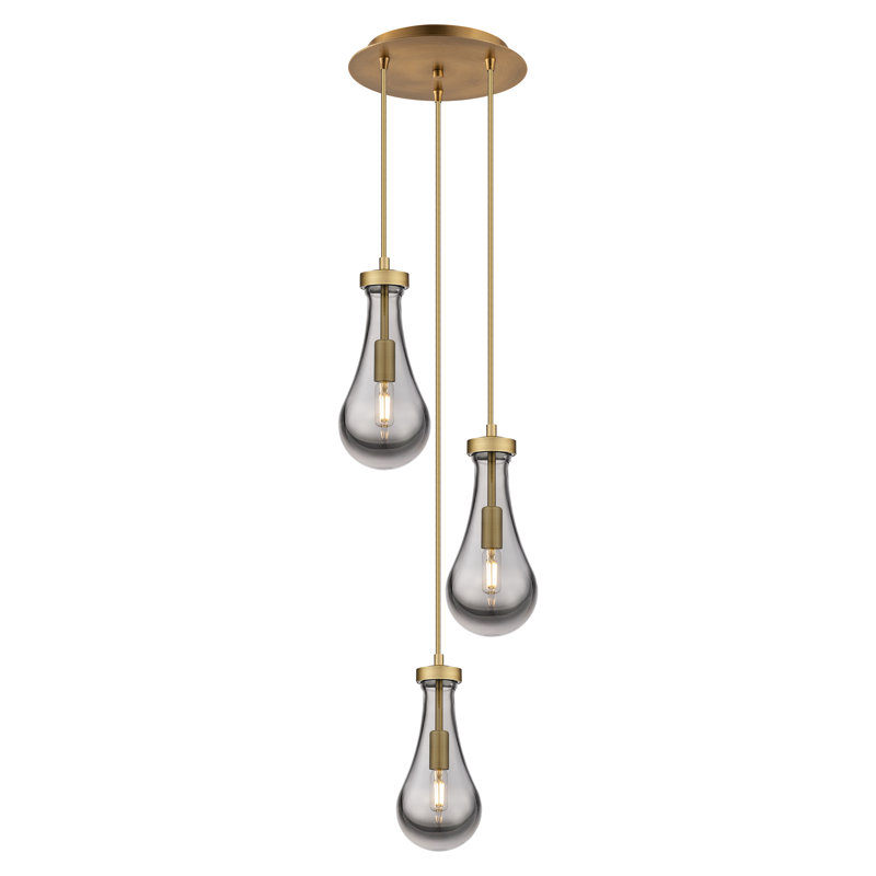 Luminaire suspendu grappe à 3 lumières Baysinger, Laiton brossé, Gris fumée clair