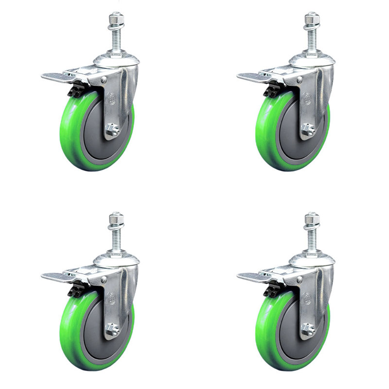 Ensemble de roulettes à tige filetée en polyuréthane 10 mm 5 pouces, Vert