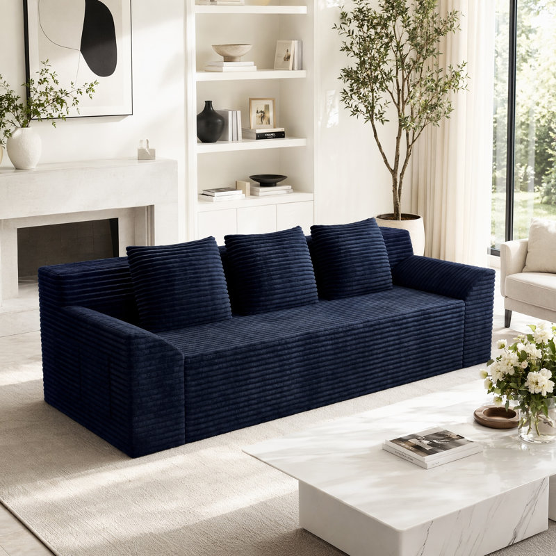 Canapé capitonné en nuage de velours côtelé avec assise profonde, coussins à deux couches, Bleu vieilli