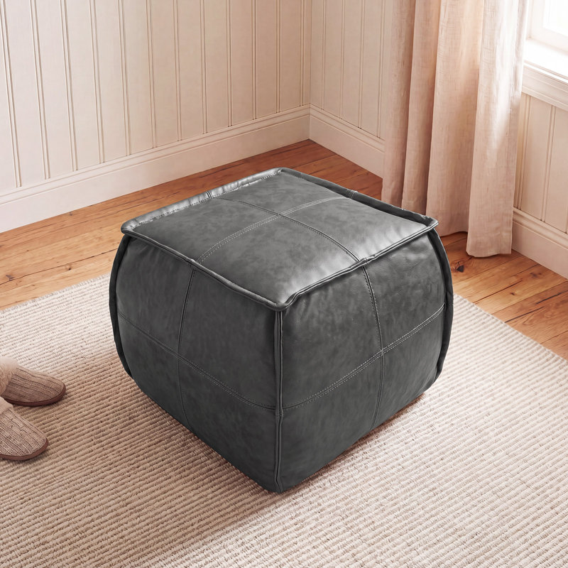 Elliona Square Top-Grain Leather Ottoman, Gray