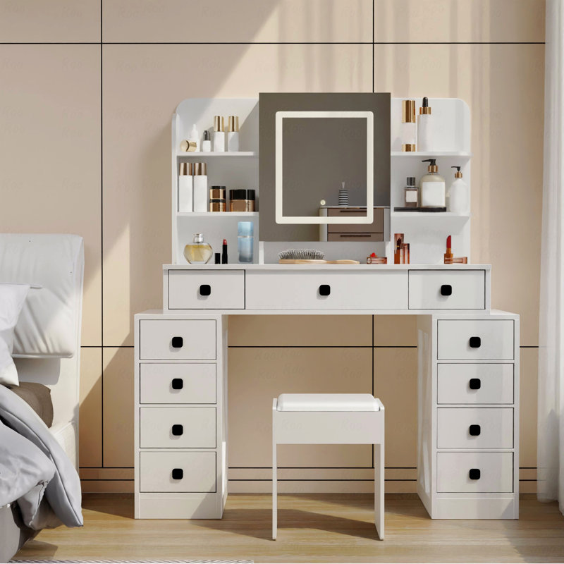 Farmhouse Style Vanity Desk (Makeup Vanity) With Sliding Mirror,Led Lights And With Charging Station,Makeup Table Desk With Dimmable Led Light,Vanity Makeup Table With Sponge Soft Vanity Stool,White Finish