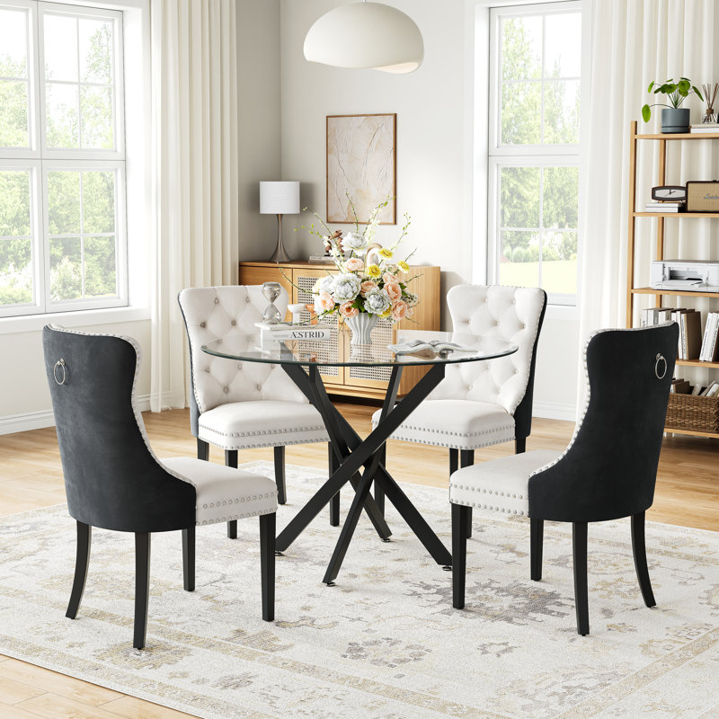 5-Piece Dining Table Set, 36" Round Tempered Glass Table And 4 Tufted Velvet Upholstered Chairs With Nailhead Trim And Pull Ring