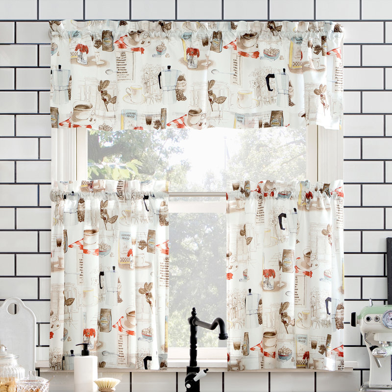 Bessie Coffee Shop Semi-Sheer Rod Pocket Kitchen Curtain Valance and Tiers Set, 54" W x 24" L