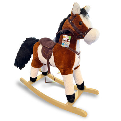Esprits ludiques: cheval à bascule classique - poney en peluche souple de 29 po, effets sonores, queue et bouche animées, règne de la selle, base en bois, enfants de 3 ans et plus