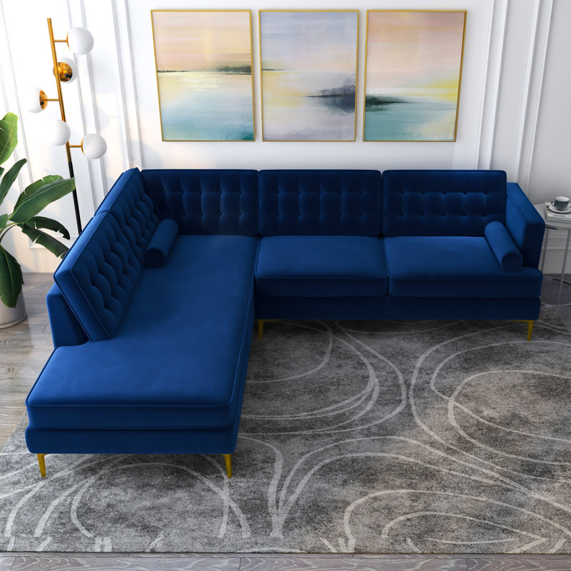 Noam Velvet L-Shaped Sectional, Blue Velvet, Left Hand Facing